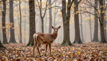 deer standing in a misty forest clearing photo