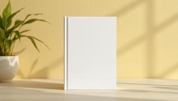 Minimalistic mockup of a blank white book cover placed against a sunny bright background photo