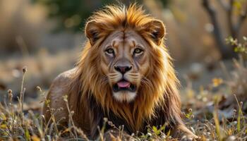 majestic lion in golden savanna light photo