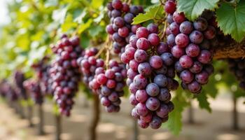 Fresh grape bunches glisten in the sunlight, reflecting vibrant purple. photo