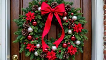 Holiday wreath adorned with red bows and festive greenery on a rustic wooden door. photo. photo