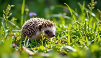 wild hedgehog in vibrant summer forest grass, lush green nature background, cute animal wildlife captured in natural light photo