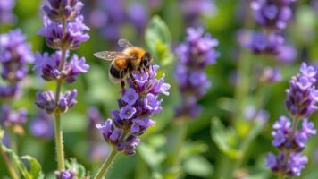 a bumblebee hovering above blooming lavender. photo