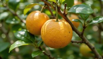 Citrus fruit ripening on tree branch with green leaves, fresh natural scene in soft morning light photo