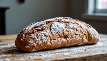Rustic homemade bread on wooden table, flour dusting and crusty texture, fresh and comforting photo