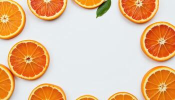 Orange slices on white background, juicy fresh fruit arranged in clean layout photo