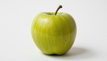 Crisp green apple centered on white backdrop, clean lighting for product photo use in healthy eating or advertising concept