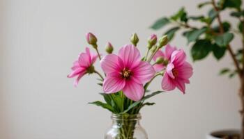 Pink flower in glass vase, softly blooming, surrounded by nature, minimalist background photo