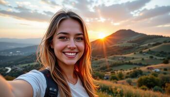 smiling young woman taking photo directly at the camera as the rising sun is coming out from behind a hill behind her.