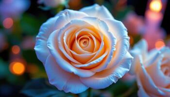 White rose macro shot with glowing neon lights, romantic floral atmosphere photo