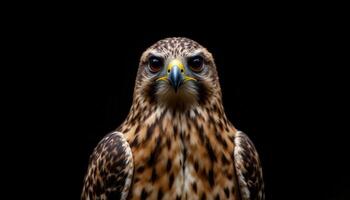 Intense Bird of Prey Gaze, Close Up of Red tailed Hawk's Eyes and Full Body on a Dramatic Black Background photo