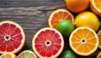 Citrus fruit group including grapefruit, lime, lemon placed in artistic arrangement on wood surface, glistening with freshness photo