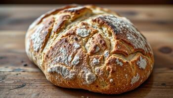 Freshly baked rustic ciabatta loaf resting on a wooden table, celebrating artisanal bread making and comforting homemade goodness. photo