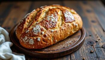 Rustic table featuring a freshly baked artisan bread loaf, warm and golden, ready to be enjoyed as a hearty gourmet meal. photo