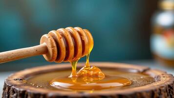 a detailed shot of honey dripping from a wooden dipper. photo