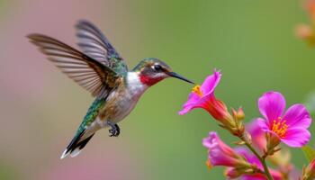 Scaly breasted hummingbird sipping nectar from flower bloom, wings caught mid motion in sharp detail, created with photo. photo