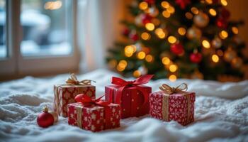 Christmas gifts under glowing lights, festive bokeh and cozy warmth photo
