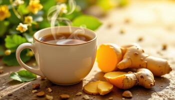 Ceramic cup filled with steaming ginger tea, accompanied by fresh ginger root on a sunny background photo