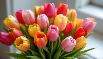 A vibrant bouquet of multi colored tulips arranged beautifully, representing gratitude, beauty photo