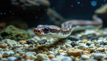close up of a snake swimming through clear water in an aquarium, detailed ripples and sleek scales, exotic pet photo