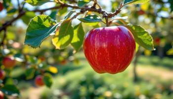 Freshness and juiciness radiating from a ripe apple hanging on a tree branch in a lush natural orchard photo