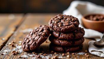 Homemade rustic chocolate cookies stacked on a wooden table, celebrating baking craftsmanship, warmth, and sweet indulgence. photo