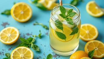 Fresh homemade lemonade infused with mint leaves, ice cubes, and citrus fruit, offering ultimate refreshment for sunny days. photo