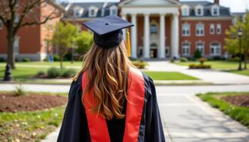 Rear view of a woman proudly wearing graduation attire, standing near a university campus photo