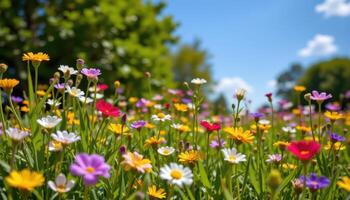 Bright bouquet of colorful flowers blooming in the meadow, nature's joyful expression photo