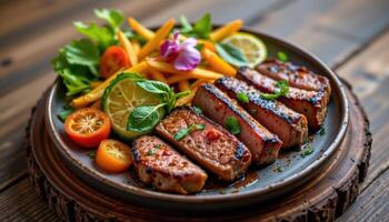 A gourmet plate featuring grilled meat and colorful vegetables, radiating freshness and indulgence photo