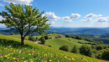 Green hills and blue skies, clean nature and Earth connection view photo