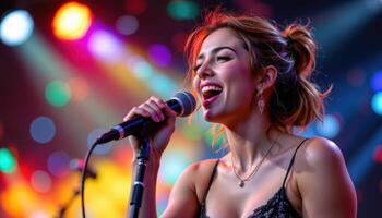 Female singer passionately performing into a microphone with vibrant colorful bokeh lights glowing softly in the background photo