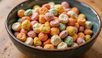 A colorful bowl of sweet snacks on a wooden table. photo