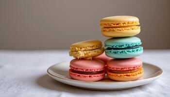A stack of colorful macaroons on white ceramic plate, each layer showing subtle pastel tones and dessert texture photo