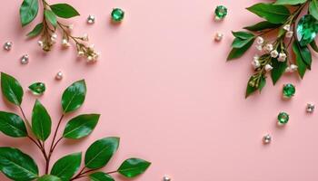 Vertical pastel background with radiant emerald gemstones arranged in gentle framing, luxurious nature inspired layout, photo. photo