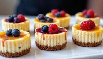 a tray of mini fruit cheesecakes with layers of blueberry, raspberry, and mango glaze. photo