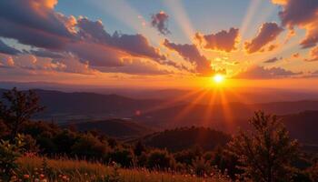 Magical sunset over hill valley, rays of light piercing clouds and casting soft orange glow across the scene photo