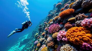 an underwater shot of a diver near a colorful coral reef. photo