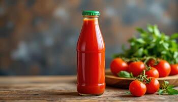 Bottle of tomato juice standing proudly on a table with fresh tomatoes in the background photo