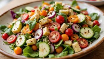 Vibrant garden salad bursting with color. AI art photo. photo