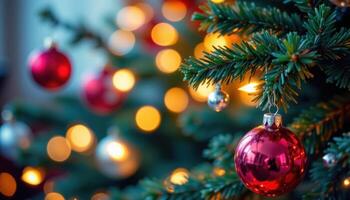 Blurred Christmas tree lights and shiny baubles, magical festive bokeh background photo