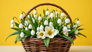 snowdrop flowers elegantly arranged in rustic woven basket against vibrant yellow background, cheerful spring floral composition photo