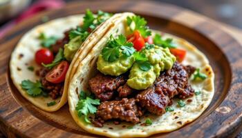 Beef taco with guacamole, tomato, cilantro, and grilled meat, homemade gourmet flavor photo