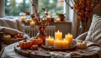 Autumn themed cozy room with handmade soy candles glowing on a table, warm tones and rustic fall styling, lifestyle photo. photo