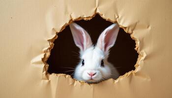 fluffy white easter bunny peeking through torn paper hole, playful charming holiday spirit, adorable easter celebration image photo