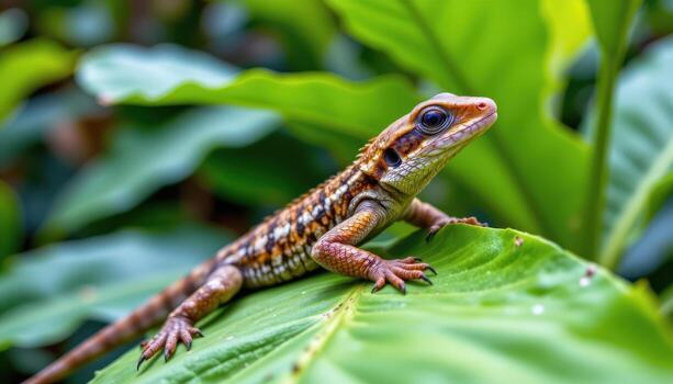 Lizard resting on bright green leaf in close focus, vibrant reptile with detailed skin pattern in tropical garden setting photo