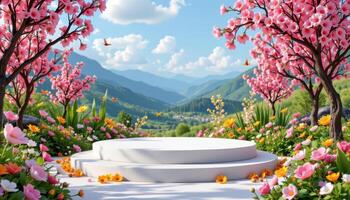 Natural podium with spring flower field, 3D AI rendering, fantasy nature display photo