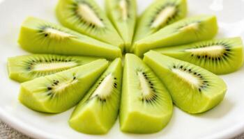 Slices of vibrant green kiwi arranged in a circular pattern on a white plate, background image photo. photo