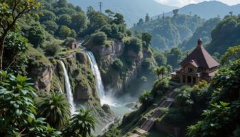 a dense jungle with waterfalls and ancient ruins. photo