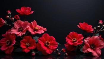 Red flowers over dark background, perfect for posters or romantic cards, deep tone contrast photo